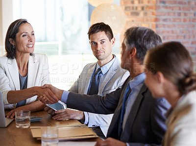 Buy stock photo Business people, executive or shaking hands for deal, b2b collaboration or teamwork in office. Handshake, partnership or employees in corporate agreement with meeting success, welcome or thank you 