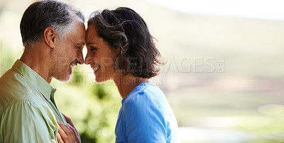 Buy stock photo Love, smile and happy mature couple in backyard with comfort, support and trust in marriage. Mockup, space and woman with man in garden together for romantic gesture with care, kindness and nature
