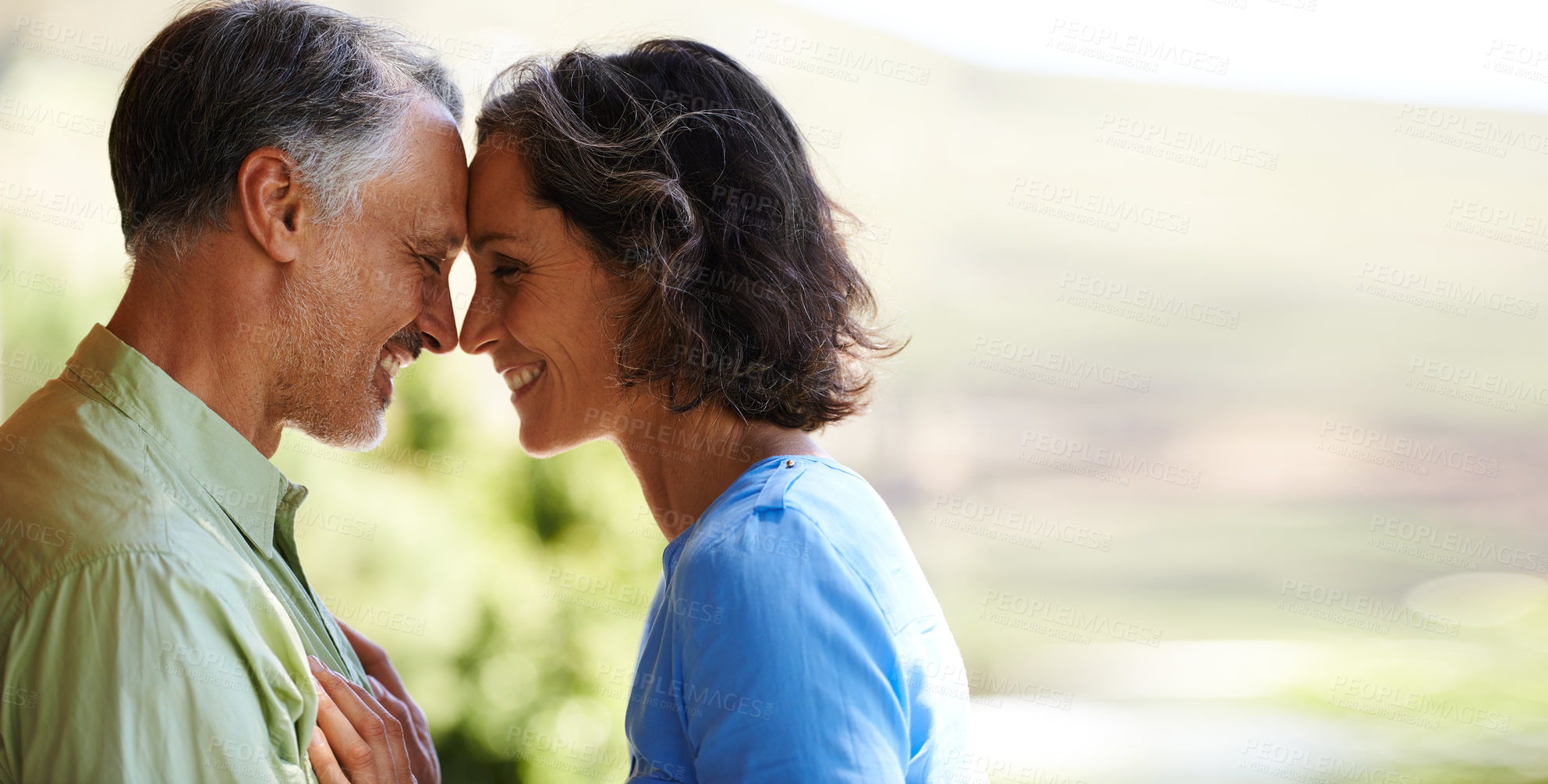 Buy stock photo Love, smile and happy mature couple in backyard with comfort, support and trust in marriage. Mockup, space and woman with man in garden together for romantic gesture with care, kindness and nature