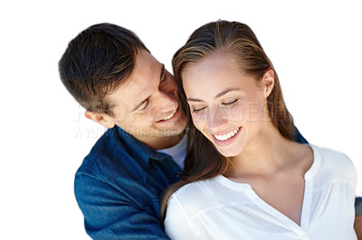 Buy stock photo Couple, hug and smile in studio for love with embrace, connection and support together. Man, woman and happiness with romance or trust for bonding, security and spouse for comfort with safety