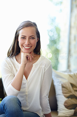 Buy stock photo Woman, portrait and relax on couch for peace, calm and smile for inspiration in living room. Female person, happy and comfortable in lounge on weekend, confidence and pride for ideas or daydream