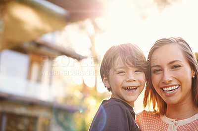 Buy stock photo Portrait, sunshine and mother with boy, kid or playing with fun, smile or vacation with happiness. Single parent, park or mama carrying child with son or summer with holiday, outdoor or weekend break