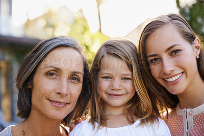 Buy stock photo Happy family, mother and grandmother or child with portrait outdoor with relax, summer holiday and bonding. Love, women and girl kid in garden or backyard of home with smile and affection generations