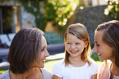 Buy stock photo Mom, grandmother and happy child with generations at family house with embrace, bonding and love with care in garden. Grandma, people and smile with kid in outdoors on vacation with nature for memory