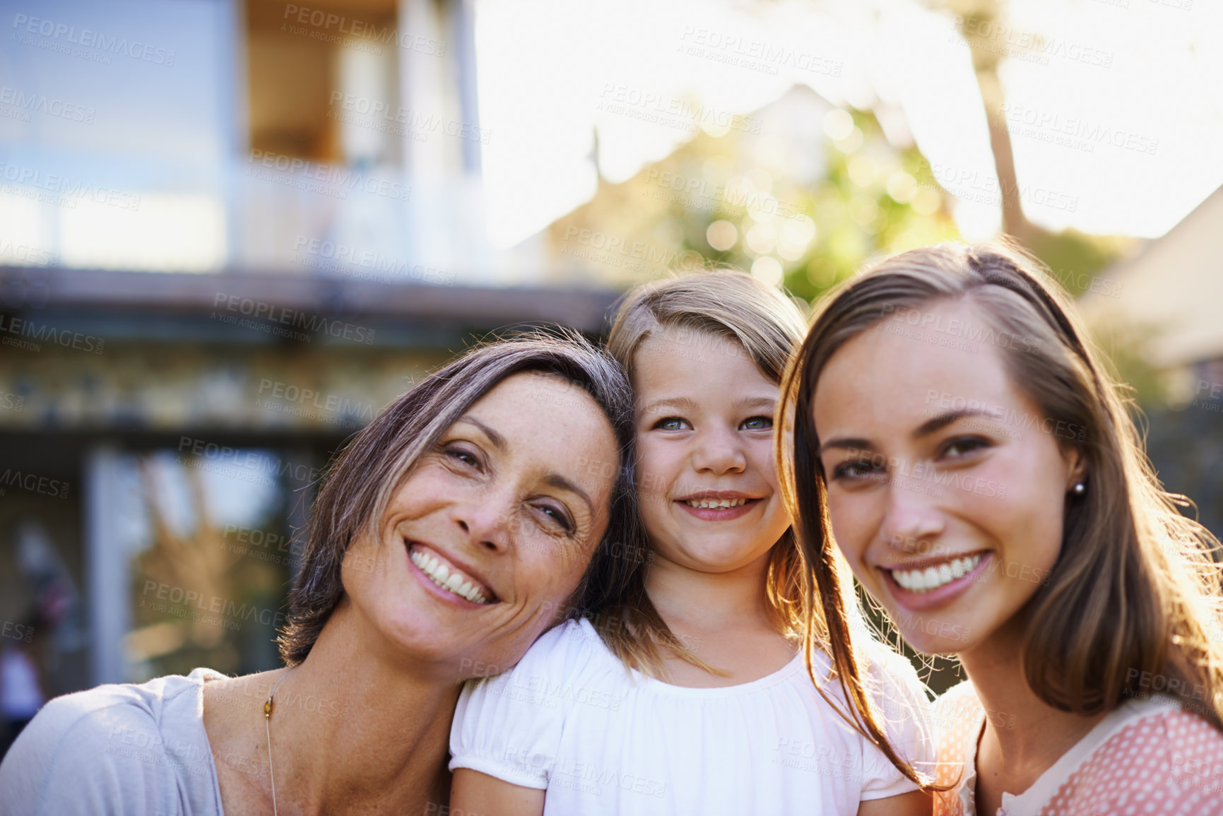 Buy stock photo Mom, grandmother and girl in portrait with generations at family house by embrace, bonding and love in garden. Grandma, people and home with kid in outdoors on vacation with nature for memory