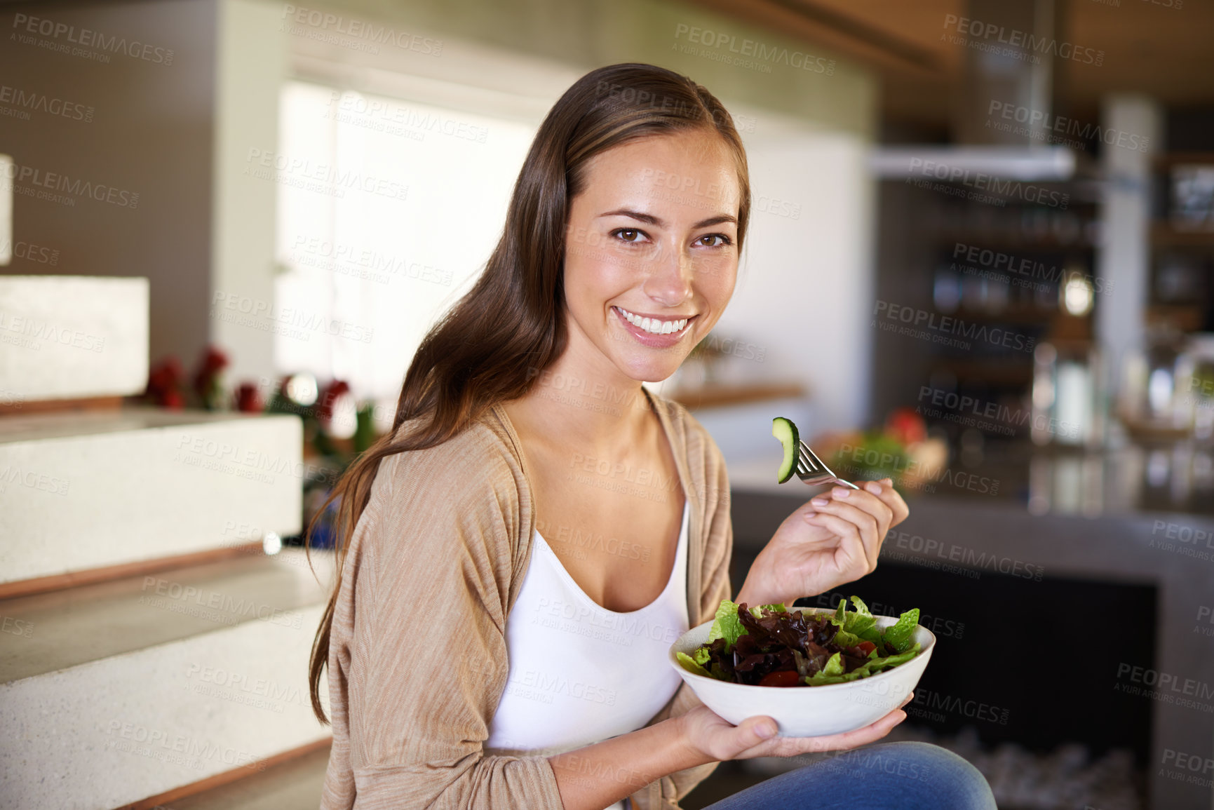 Buy stock photo Salad, portrait and happy woman a house with breakfast, bowl or lettuce for balance, wellness or gut health at home. Vegetables, brunch or vegan person with superfoods for diet, nutrition or detox