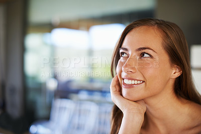 Buy stock photo Woman, smile and thinking with idea in house for choice, decision and vision in living room. Female person, planning and happy thoughts in home for dream, interior design and decor opportunity in Usa