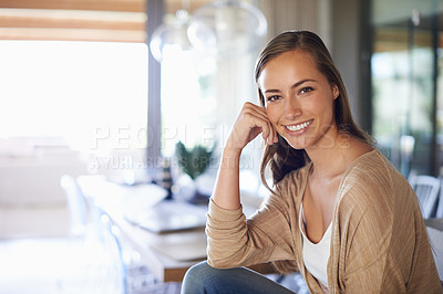 Buy stock photo Happy, smile and portrait of woman in house for relaxing, calm and chill on weekend afternoon. Home, living room and face of person with joy, confidence and pride on holiday, vacation and free time