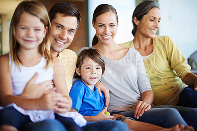 Buy stock photo Big family, portrait and happy on sofa for love with bonding, care and affection for memories. Generations, together and relax in living room on couch for relationship growth with support for comfort