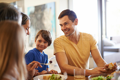 Buy stock photo Family, man and brunch with child and food for eating, wellness snack with generations or grandparents together. Happy, home and nutrition or vitamins in meal, salad or fruits with beverages