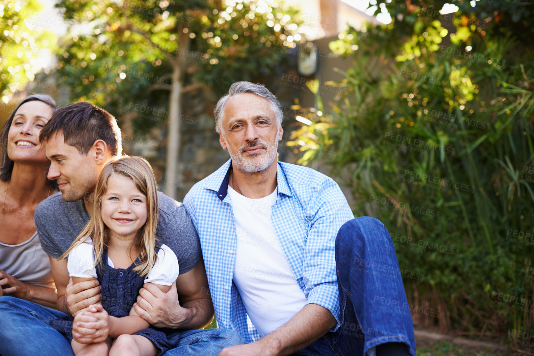 Buy stock photo Big family, portrait and together in backyard for love or bonding, care and memories with happiness. Grandpa, legacy and proud of generations, relax and garden for relationship growth or connection