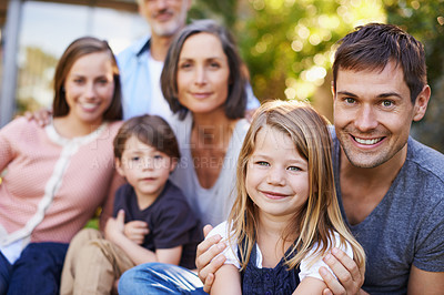 Buy stock photo Family, happiness and portrait in garden for love or bonding, care and memories together. Fun, backyard and relax in summer for relationship growth or connection with unity and affection on vacation.