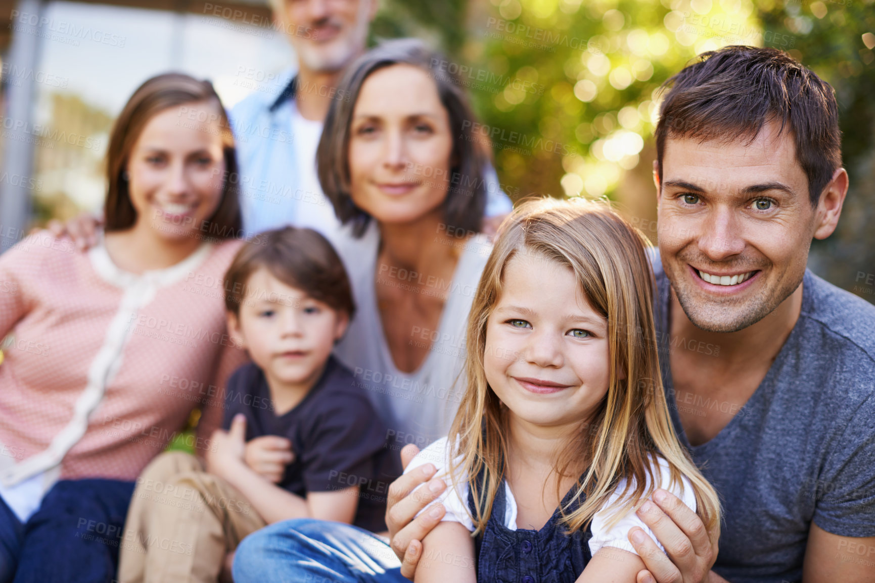 Buy stock photo Family, happiness and portrait in garden for love or bonding, care and memories together. Fun, backyard and relax in summer for relationship growth or connection with unity and affection on vacation.