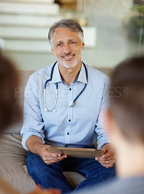 Buy stock photo Doctor, paper or stethoscope in patient, appointment or healthcare to answer, question or support. Mature man, people or file in conversation as professional, consultation or empathy as advice