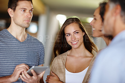 Buy stock photo Tablet, happy woman and team of business people in discussion, planning or brainstorming ideas in startup. Group, strategy and collaboration in meeting together with creative designer on technology