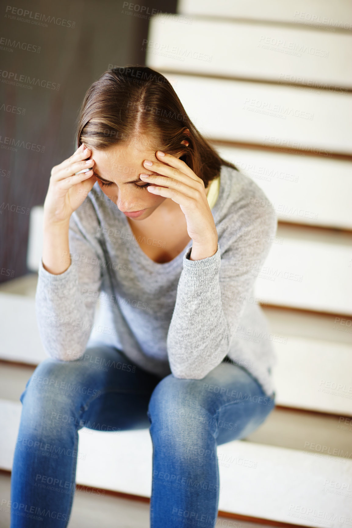 Buy stock photo Stress, headache and woman in house with burnout, depression or mental health, crisis or disaster. Stairs, vertigo or dizzy female person with migraine, anxiety or overwhelmed by brain fog or mistake