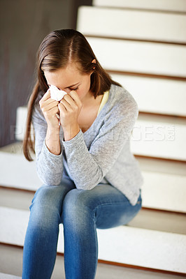 Buy stock photo Stress, crying or woman in house with tissue, depression or mental health, crisis or disaster. Stairs, vertigo or sad person with tears, anxiety or overwhelmed fail, mistake or ptsd, memory or trauma