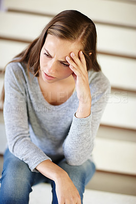 Buy stock photo Stress, headache and woman in house with confused, frustrated or mental health, crisis or disaster. Stairs, doubt or angry female person with broken heart overwhelmed by anxiety, fail or mistake