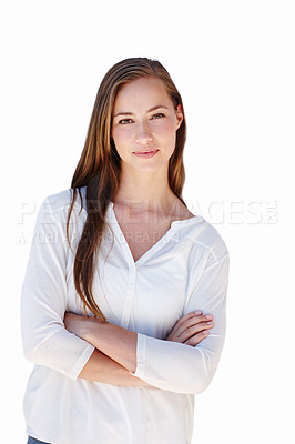 Buy stock photo Portrait, fashion and woman with arms crossed, confidence and model with stylish clothes isolated on a white studio background. Face, happy person and girl with a trendy top, joyful and casual outfit