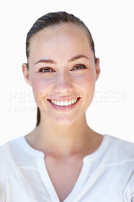 Buy stock photo Portrait, smile and woman with fashion, confident girl and cheerful person isolated on a white studio background. Face, headshot and model with happiness and mockup space with joyful and peaceful