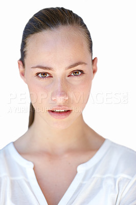 Buy stock photo Portrait, emotion and woman with confidence, serious and peaceful person isolated on a white studio background. Face, facial and model with wellness and calming with patience, stare and expression