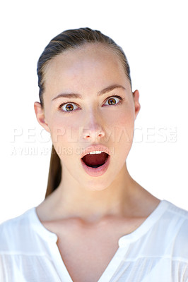 Buy stock photo Studio, surprise or portrait of woman with shock, open mouth and wow expression for news or gossip. Sale, isolated white background or face of a person in disbelief for announcement, deal or discount