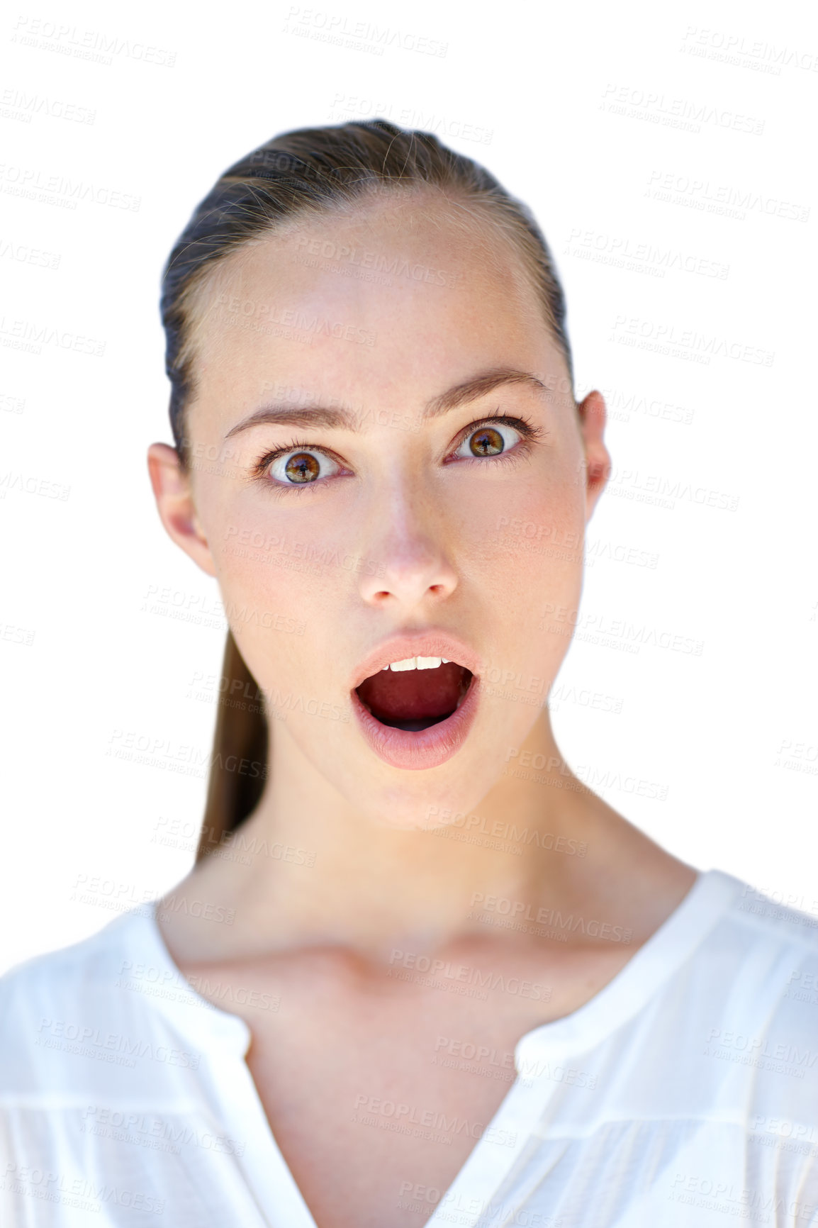 Buy stock photo Studio, surprise or portrait of woman with shock, open mouth and wow expression for news or gossip. Sale, isolated white background or face of a person in disbelief for announcement, deal or discount