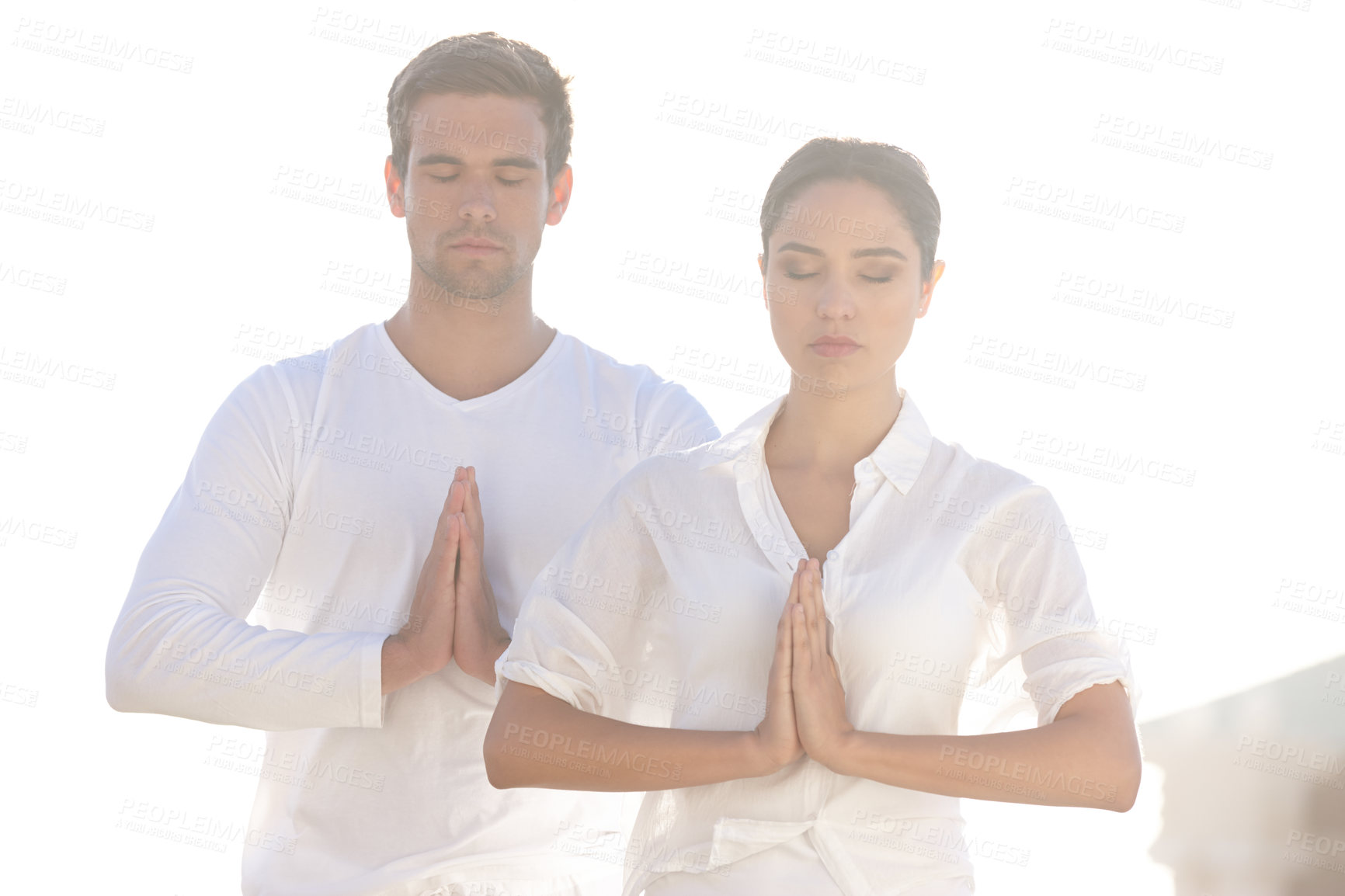 Buy stock photo Meditation, prayer pose and couple at yoga retreat with peace, relax and calm mindfulness at outdoor resort. Zen, man and woman together in holistic health, spiritual wellness and namaste with hands