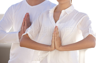 Buy stock photo Hands, prayer pose and people at yoga retreat with balance, peace and relax in mindfulness at outdoor resort. Zen, man and woman in calm meditation for holistic health, spiritual wellness and namaste