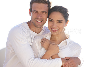 Buy stock photo Love, hug and portrait of couple on a white background for bonding, commitment and loving relationship. Dating, relax and happy man and woman embrace for affection, marriage and romance together