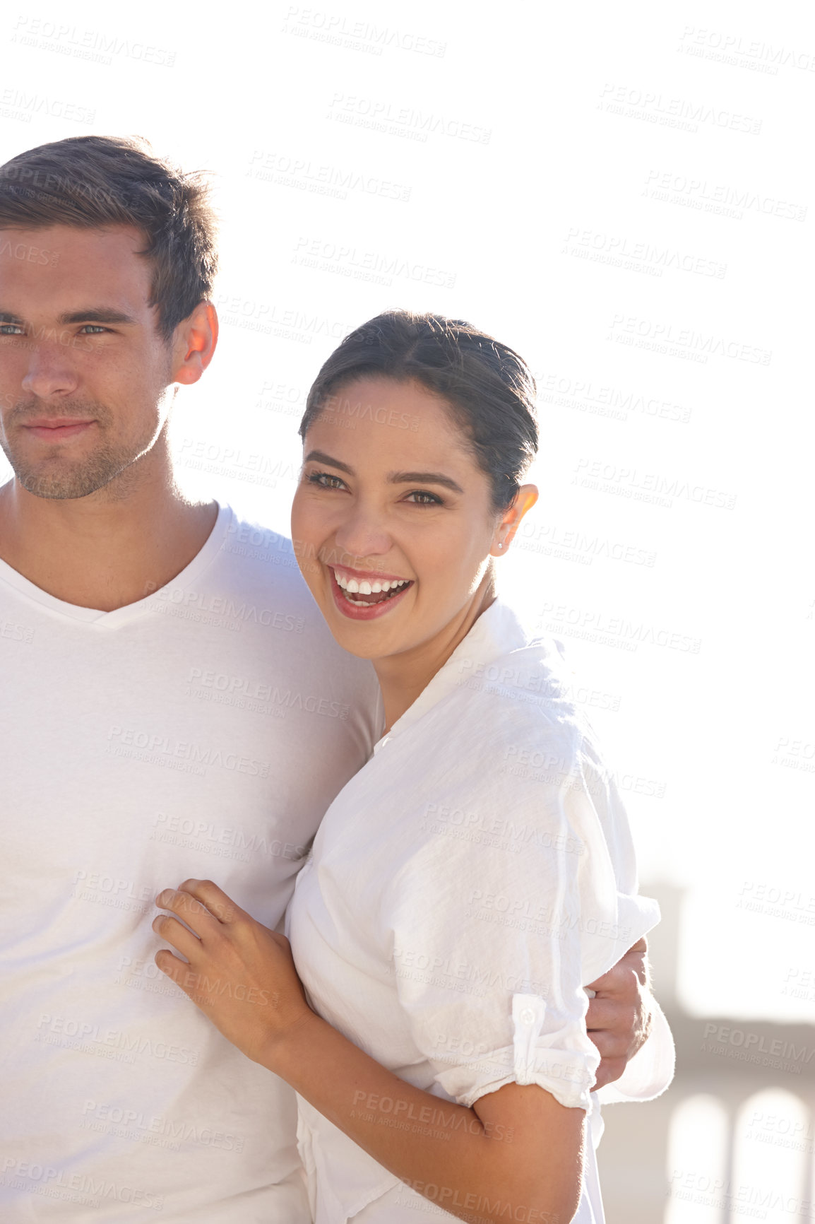 Buy stock photo Happy couple, hug and embrace with love in nature for support, outdoor romance or valentines day. Man and woman with smile for affection, comfort or date on holiday, weekend or vacation together