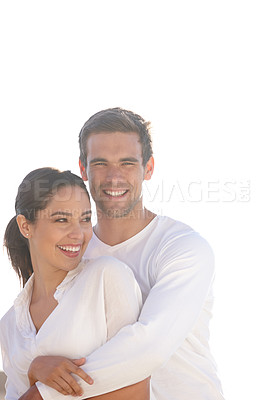 Buy stock photo Happy, hug and portrait of couple on a white background for bonding, commitment and loving relationship. Dating, love and man and woman embrace for affection, marriage and relax together for romance