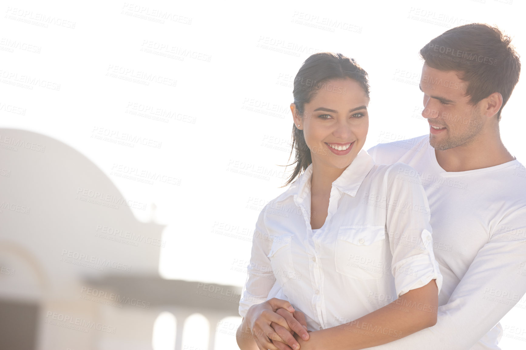 Buy stock photo Couple, portrait and hug with love for valentines day or summer holiday together in embrace or outdoor romance. Man and woman with smile for weekend, vacation or getaway with fashion on mockup space