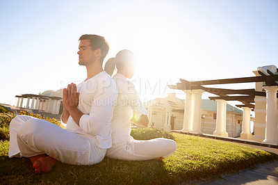 Buy stock photo Meditation, prayer pose and people at yoga retreat with balance, peace and relax in mindfulness at outdoor resort. Zen, man and woman with holistic health, spiritual wellness and namaste in backyard