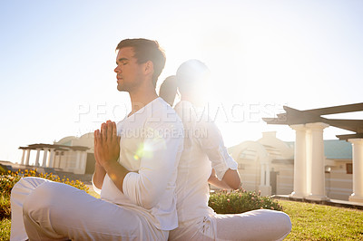 Buy stock photo Backyard, prayer pose and people at yoga with balance, peace and relax in mindfulness at outdoor resort. Zen, man and woman in calm meditation for holistic health, spiritual wellness and namaste