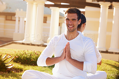 Buy stock photo Portrait, prayer pose and happy man with woman at yoga retreat with smile, meditation or mindfulness. Zen, relax and couple with holistic health, spiritual wellness and namaste with hands in backyard