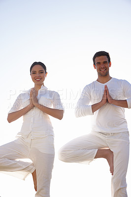 Buy stock photo Portrait, tree pose and couple at yoga retreat with balance, peace and relax in mindfulness at outdoor resort. Zen, man and happy woman with holistic health, spiritual wellness and namaste with hands