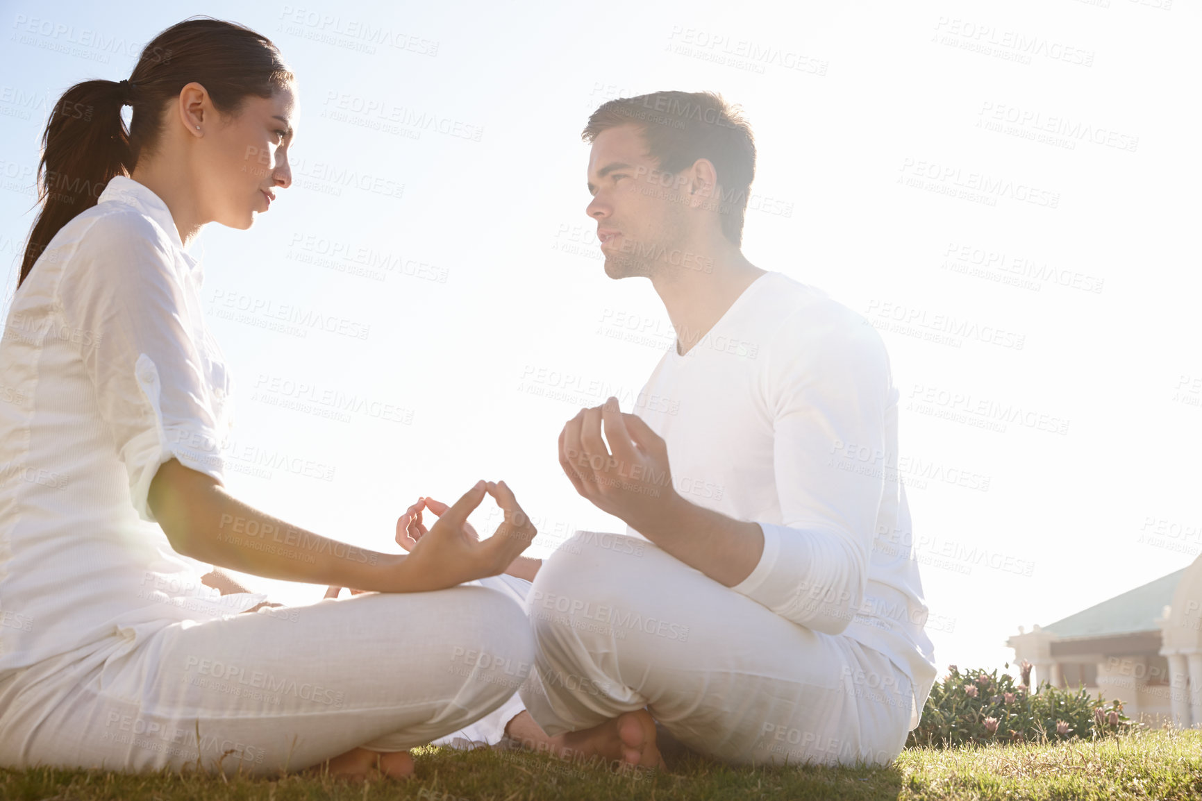 Buy stock photo Meditation, outdoor and yoga with couple, lotus and bonding together with breathing and healthy activity. Sunshine, outside or man with woman and love with wellness and pose with fitness and peace