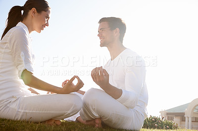 Buy stock photo Happy, couple or eyes closed in mindfulness, meditation or zen practice as spiritual mental health. Man, woman or smile on romantic, holistic or date in nature as hope or gratitude at silent retreat