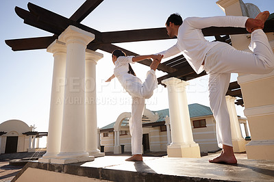 Buy stock photo Balance, outdoor and yoga with couple, love and bonding together with recreation and healthy activity. People, outside or man with woman and breathing with wellness and pose with fitness and peace