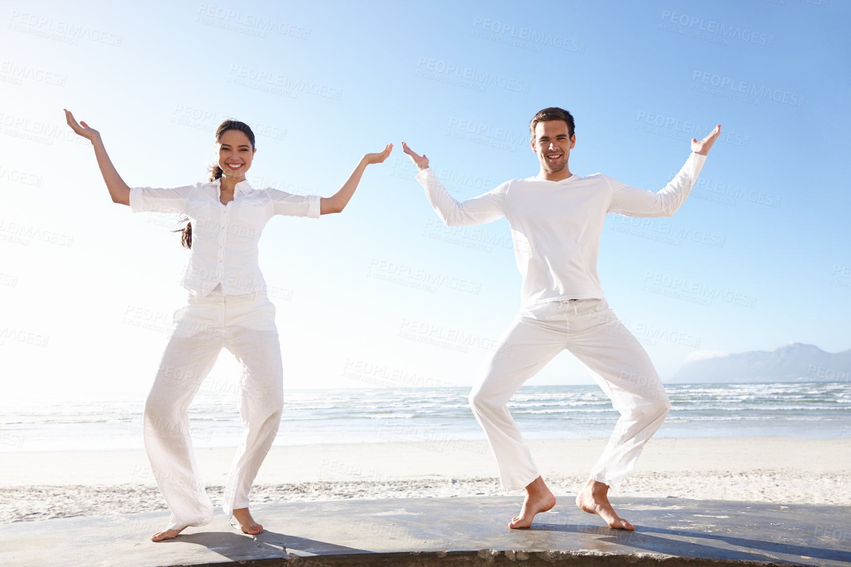 Buy stock photo Meditation, beach and yoga with couple, portrait and bonding together with fitness and healthy activity. Seaside, outdoor or man with woman and breathing with wellness and zen with vacation and peace