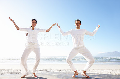 Buy stock photo Couple, yoga or beach in mindfulness, practice of meditation as health, fitness or wellness in peace. Man, woman or eyes closed to focus as spiritual, zen or performance for balance and gratitude