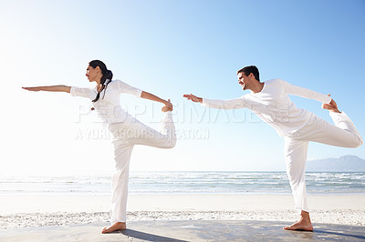 Buy stock photo Pilates, beach and yoga with couple, wellness and bonding together with vacation and healthy activity. People, outdoor and man with woman and breathing with chakra and zen with fitness and seaside