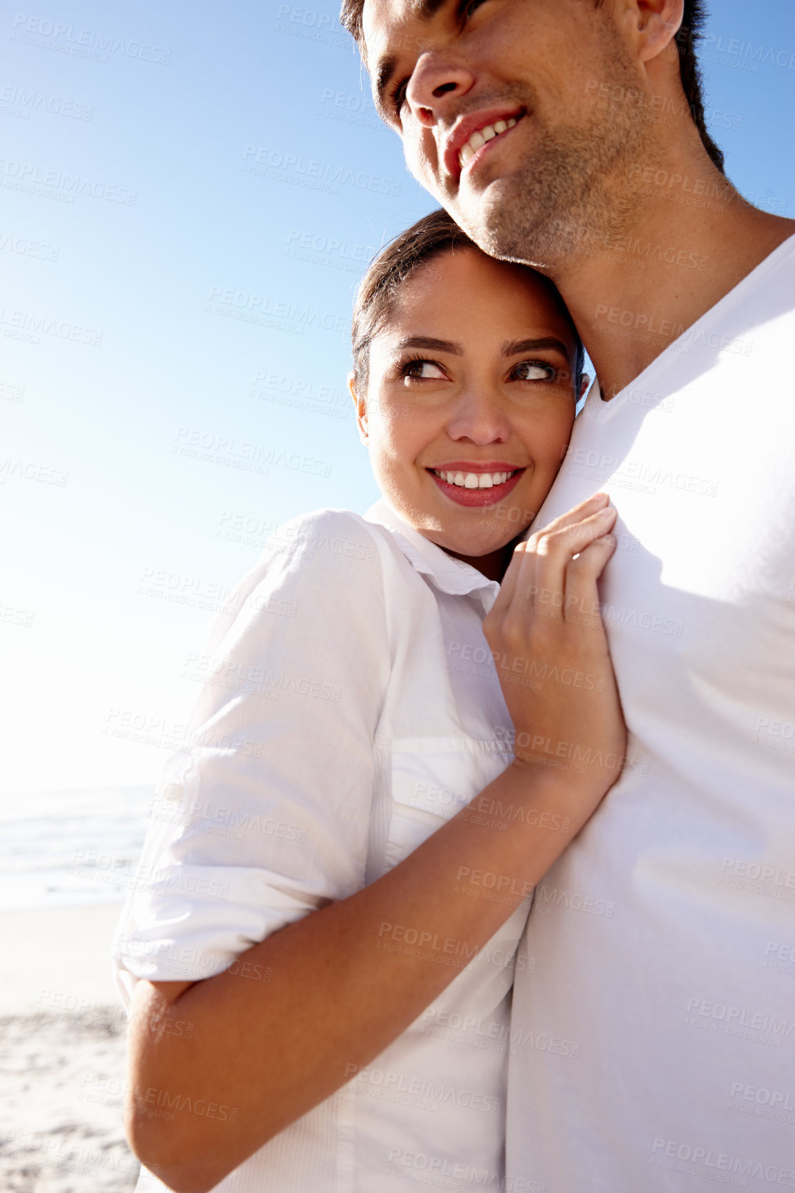 Buy stock photo Happy, hug and couple on beach on holiday for bonding, relax together and relationship by ocean. Dating, travel and man and woman embrace for romance on anniversary, vacation and weekend in nature