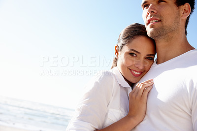 Buy stock photo Love, hug and portrait of couple on beach for bonding, relax together and relationship by ocean. Dating, travel and happy man and woman embrace for romance on holiday, vacation and weekend in nature