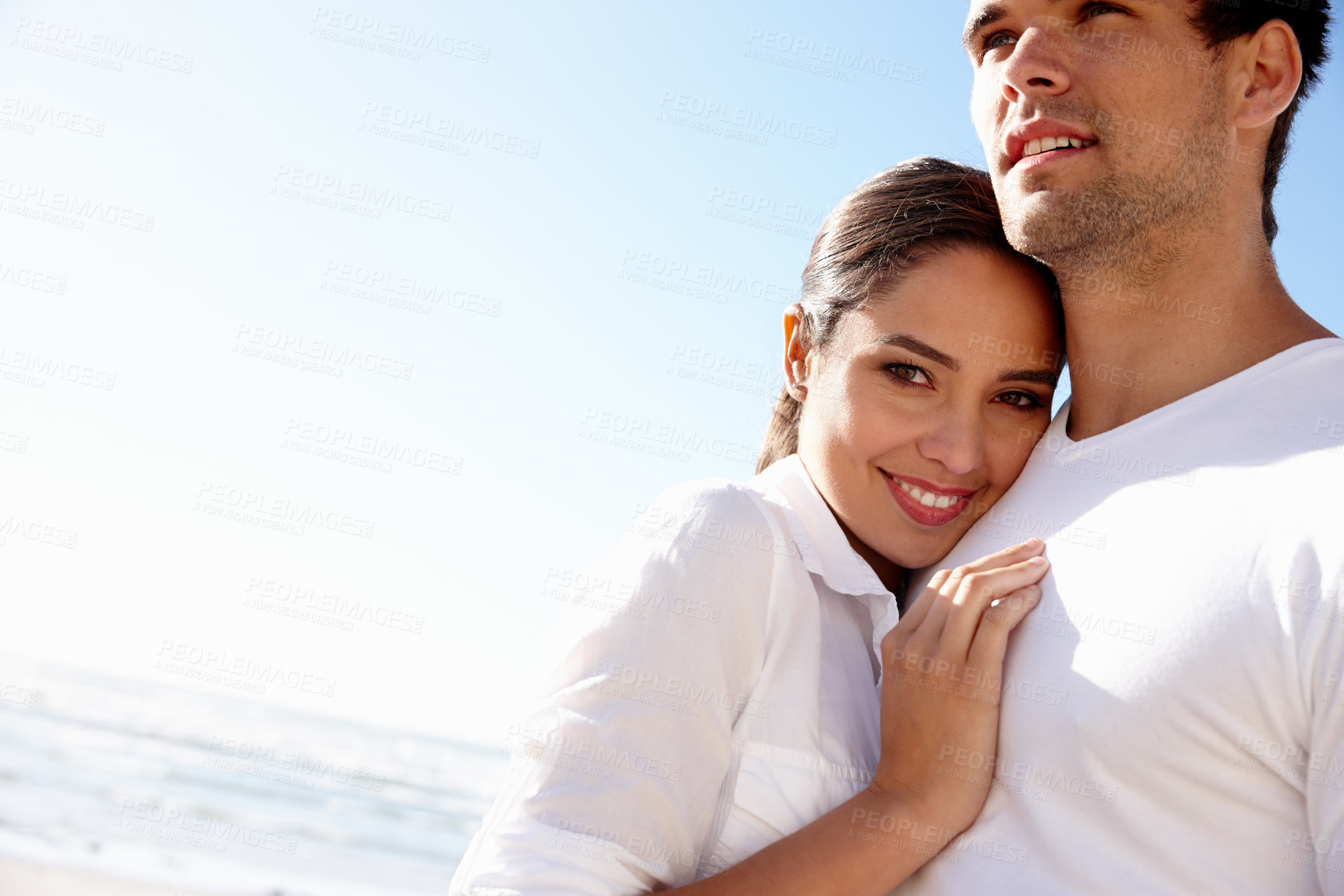 Buy stock photo Love, hug and portrait of couple on beach for bonding, relax together and relationship by ocean. Dating, travel and happy man and woman embrace for romance on holiday, vacation and weekend in nature