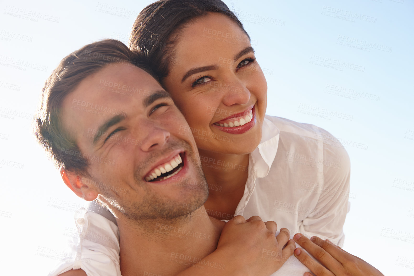 Buy stock photo Happy couple, portrait and hug with love on beach for valentines day or summer holiday together in embrace or outdoor romance. Man and woman with smile for weekend, vacation or getaway in nature