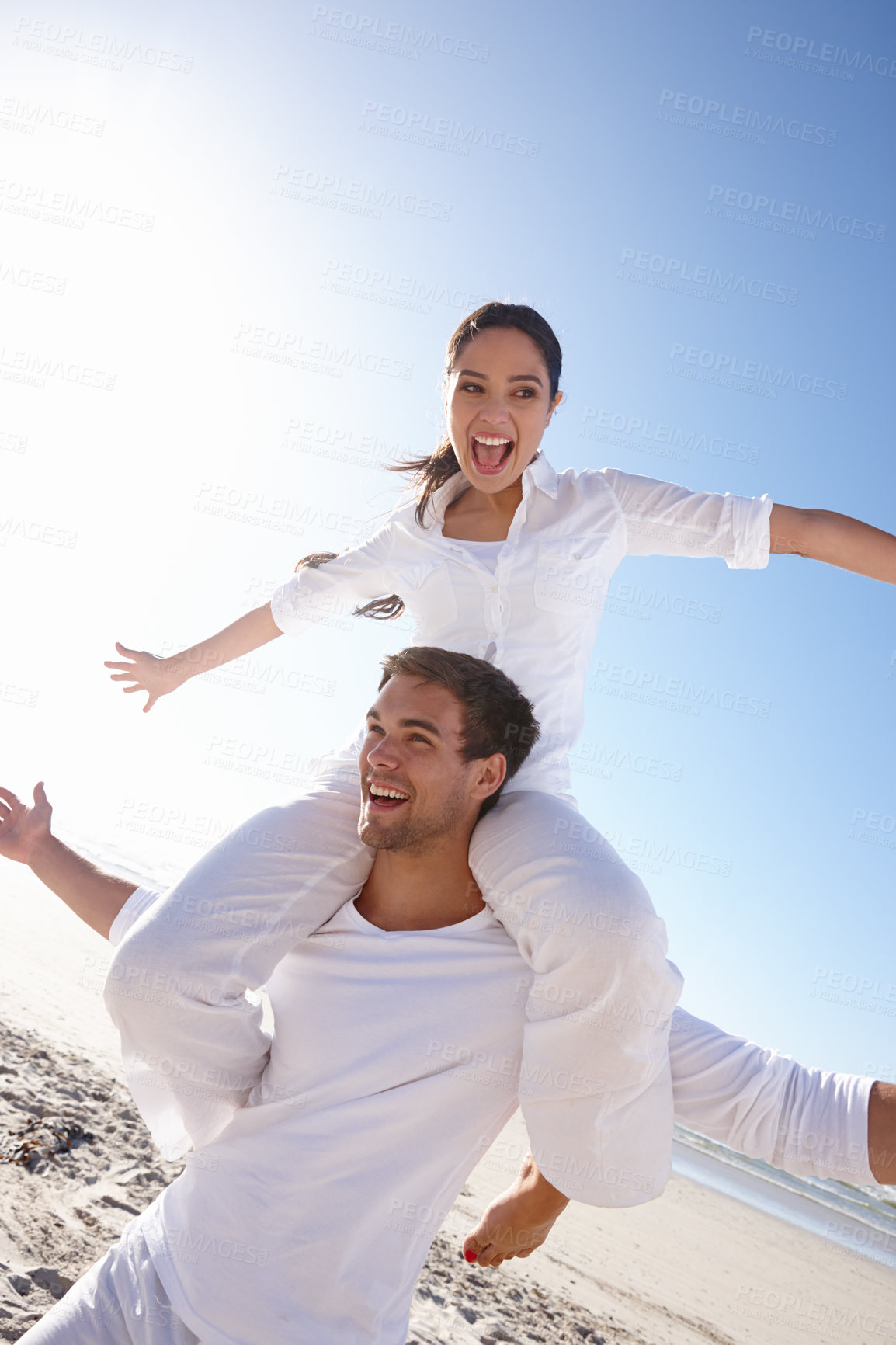 Buy stock photo Airplane, piggyback or happy couple on a beach for vacation or love with support, loyalty or outdoor freedom. Sky mockup space, romantic man or woman on holiday to relax for wellness or low angle