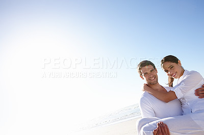 Buy stock photo Smile, ocean and portrait of couple with embrace for love, summer vacation and bonding on holiday. Happy, man and woman with mockup by beach for romance, anniversary and tourist adventure in Miami