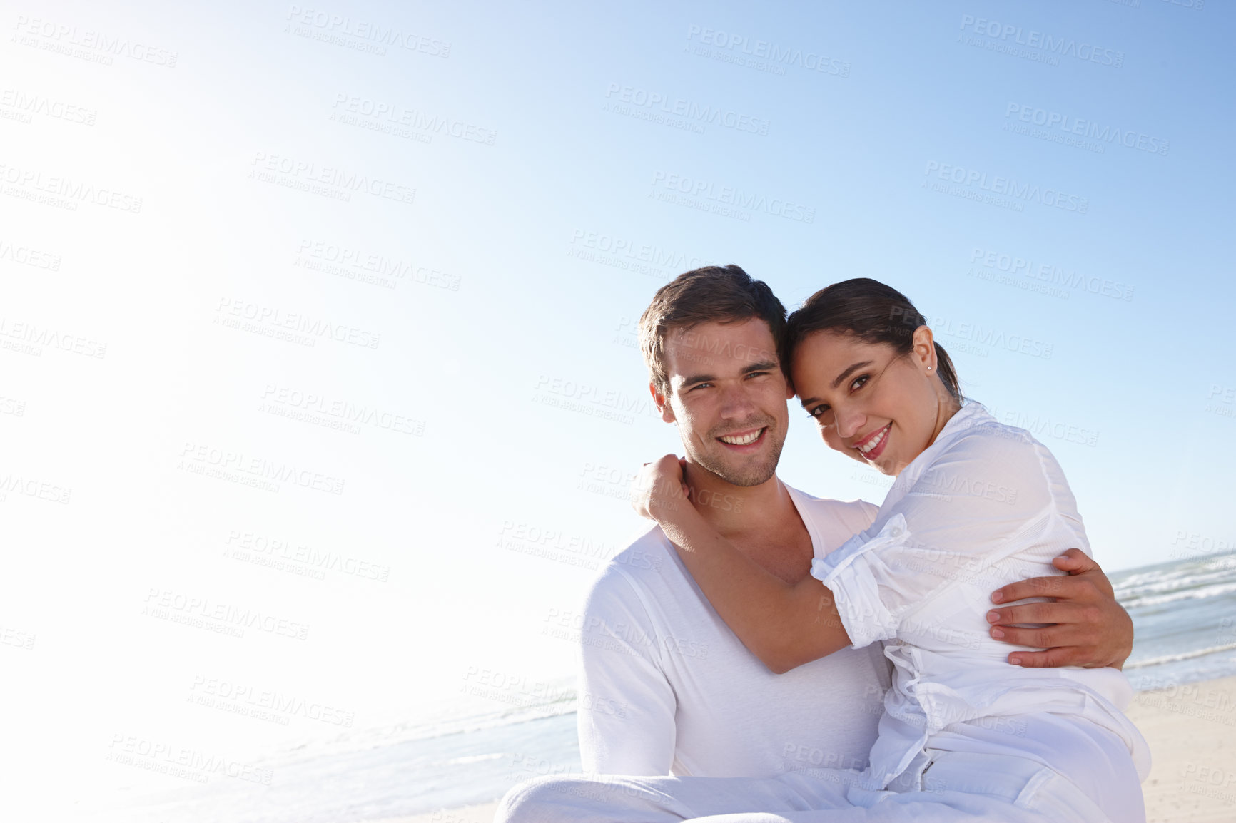 Buy stock photo Smile, beach and portrait of couple with embrace for love, summer vacation and bonding on holiday. Man, woman and ocean with happiness for anniversary, romance and tourist adventure in California